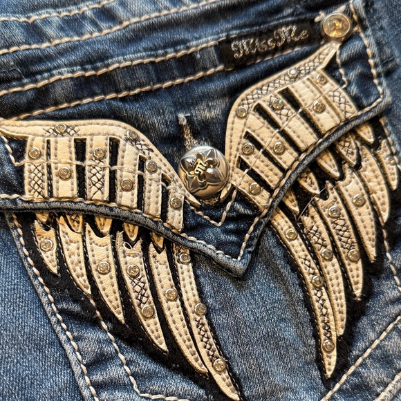 Miss Me Blue Denim Shorts with Wing Embellishments 28 - Picture 4 of 5